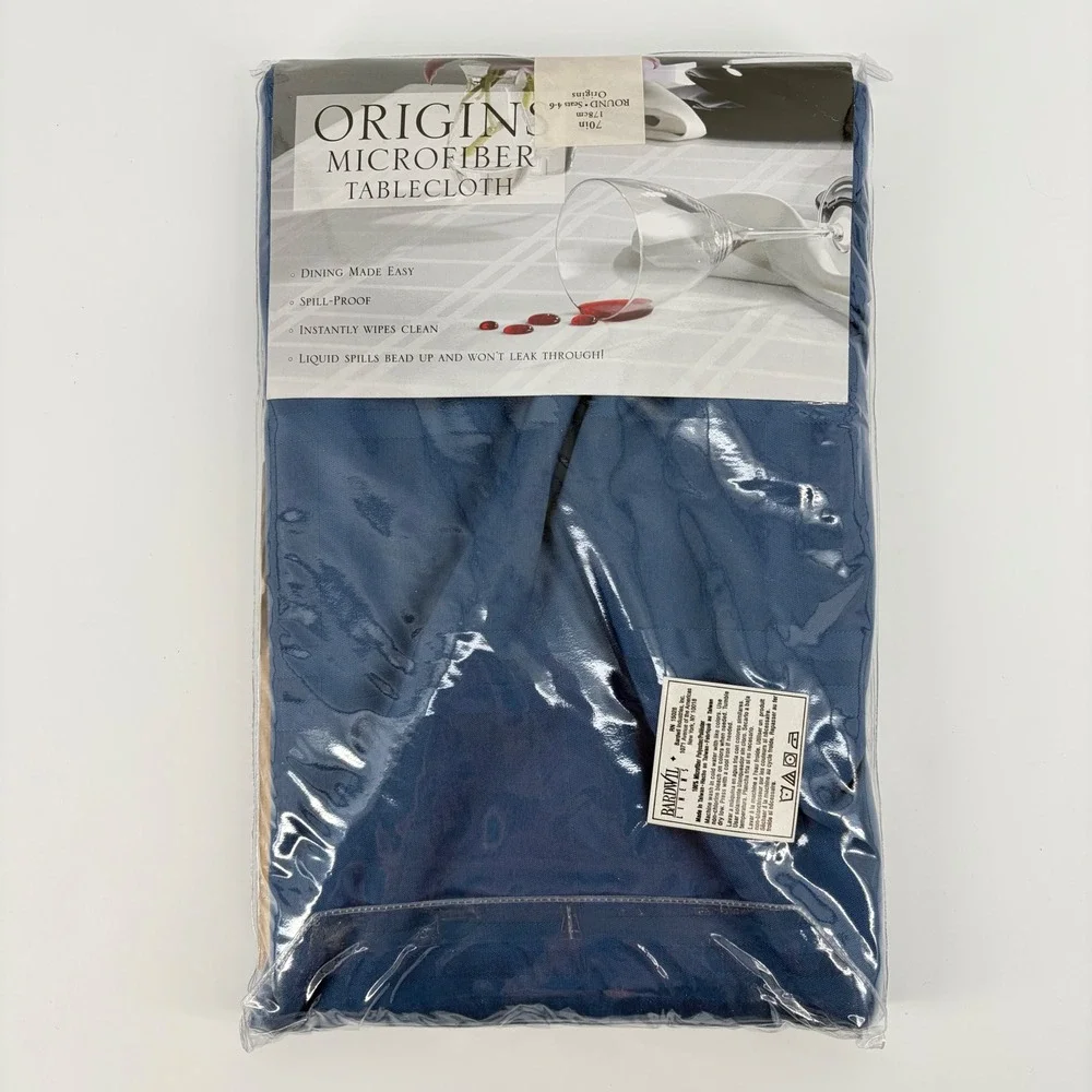 Origins Tablecloth 70in Round‎ Blue Spill Proof Microfiber Tonal Stripe Pattern